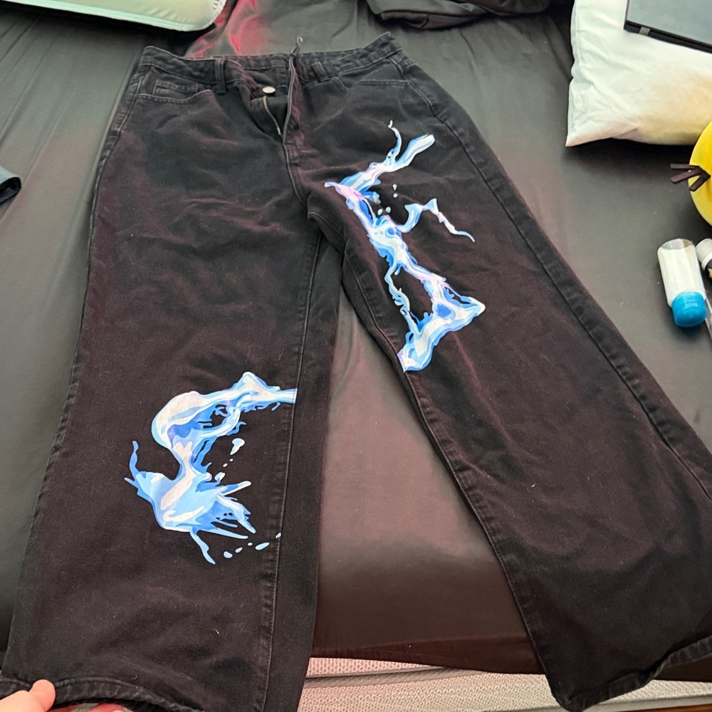 Black Pants with Blue and White Abstract Design